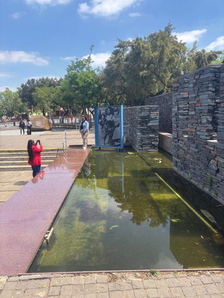 a woman taking a picture of a pond