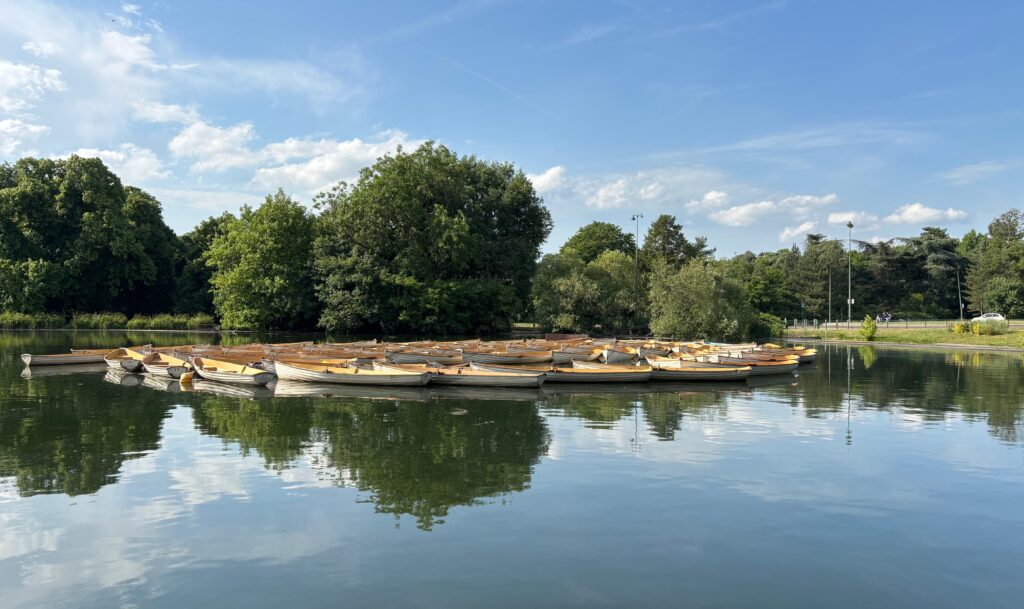a group of boats on a lake