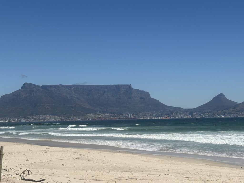 a beach with Table Mountain in the background
