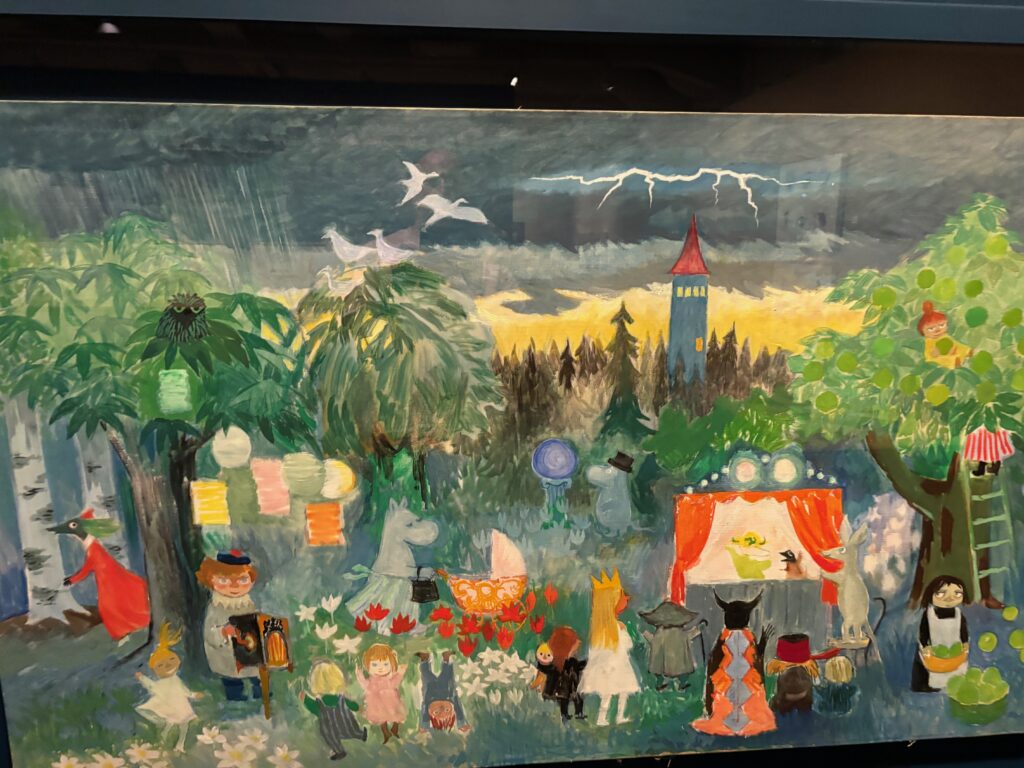 a painting of a scene with people and trees