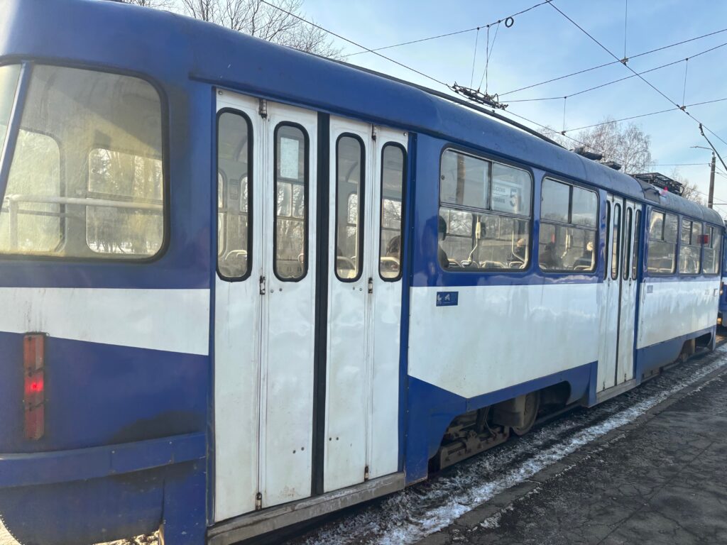 a blue and white train