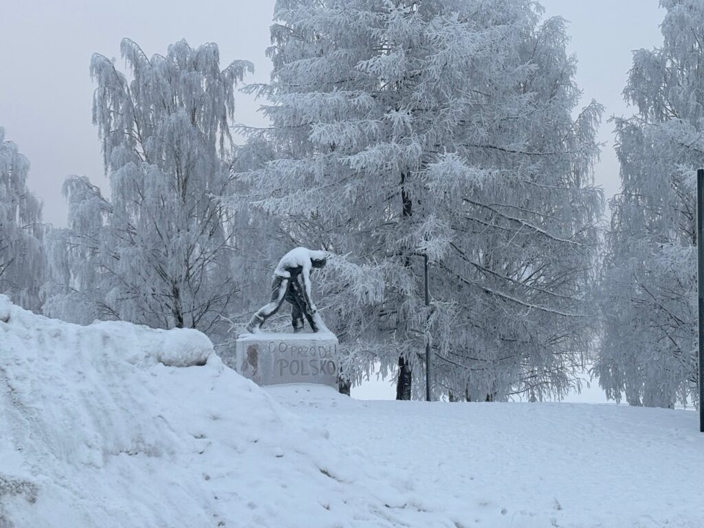 a statue of a man in a snowy park
