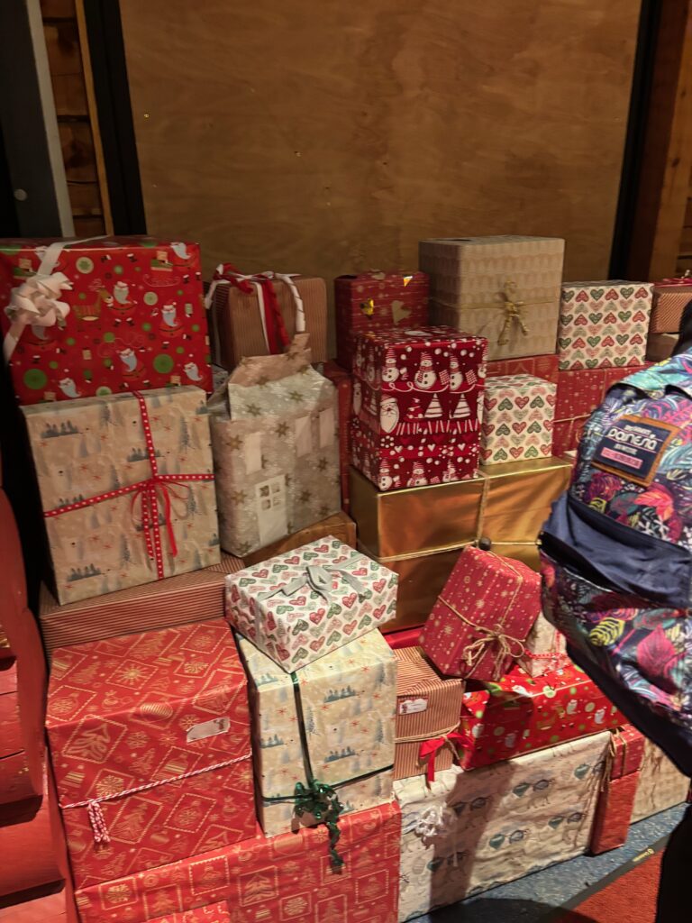 a stack of wrapped presents