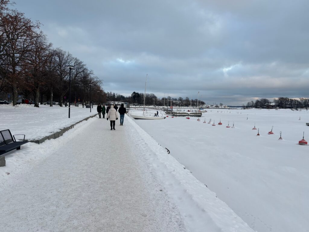 Un grupo de personas caminando por un camino nevado.