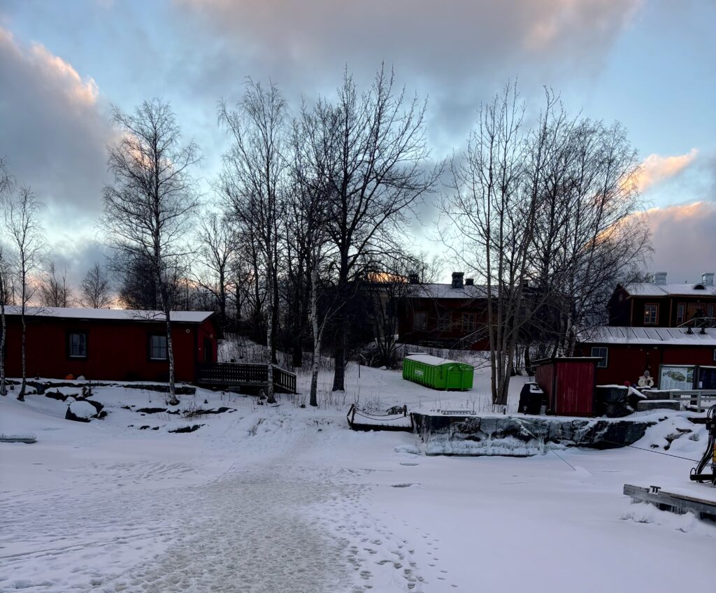 Plaza cubierta de nieve con casas y árboles.