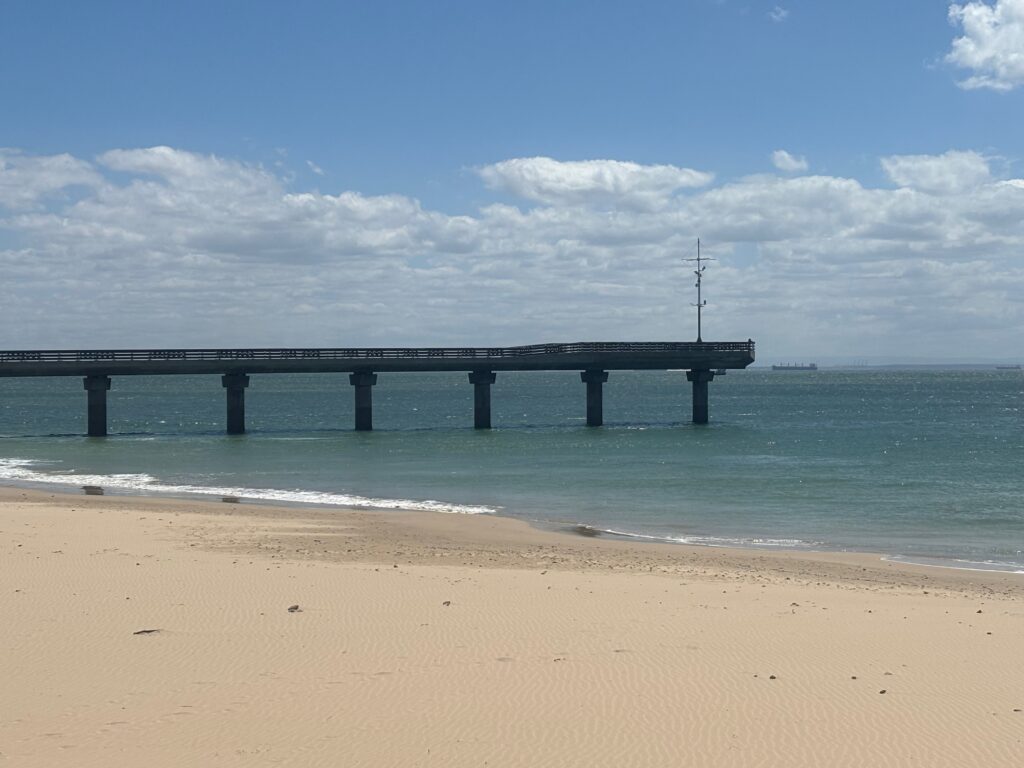 a bridge over water on a beach