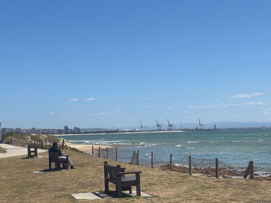 a person sitting on a bench by the water