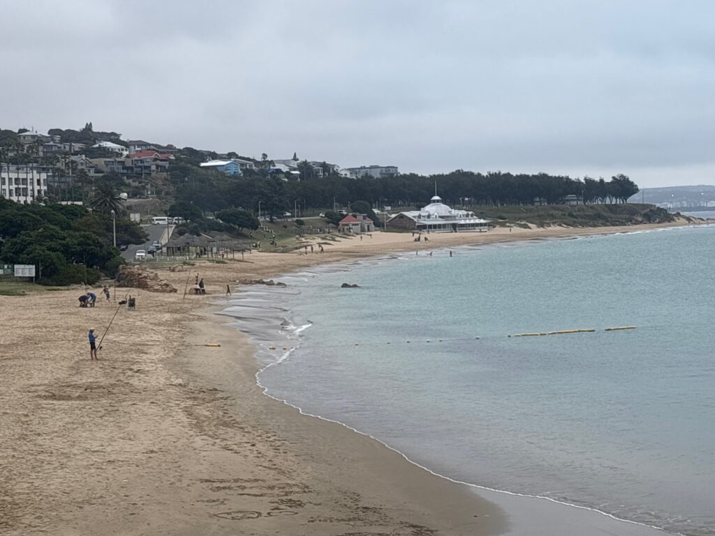 a beach with people fishing