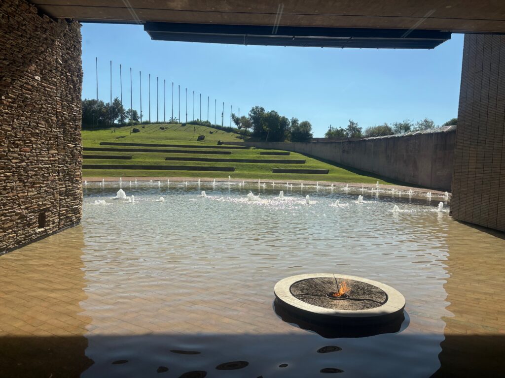 a water fountain with a fire in it