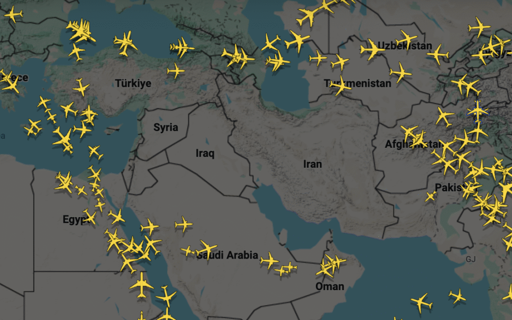 a map of the middle east with yellow airplanes